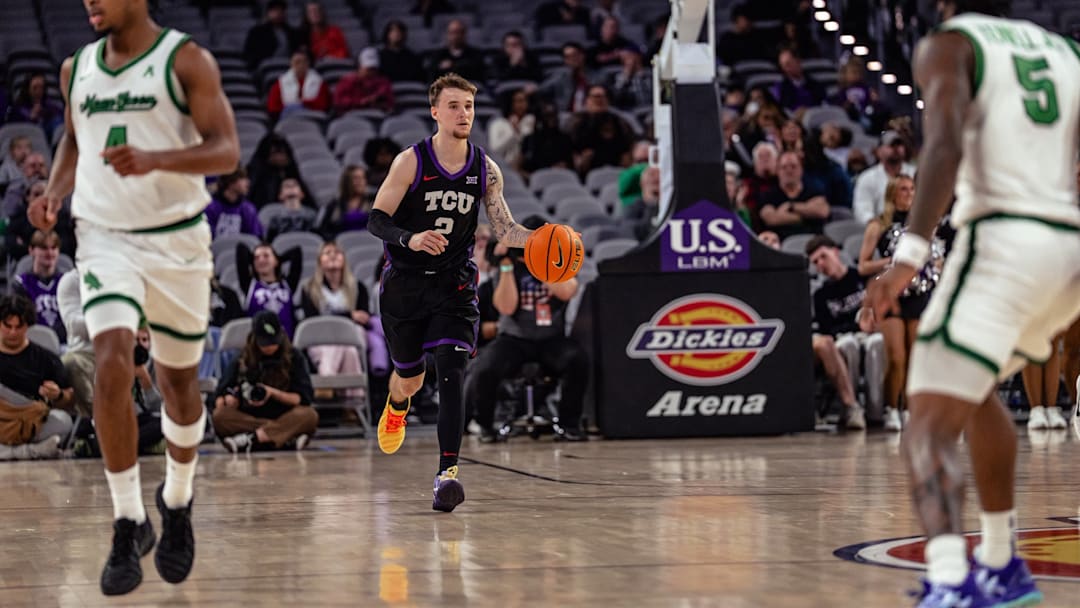 Brock Harding handles the ball in TCU's 65-55 win over North Texas on Sunday, December 7, 2025 in Dickies Arena.