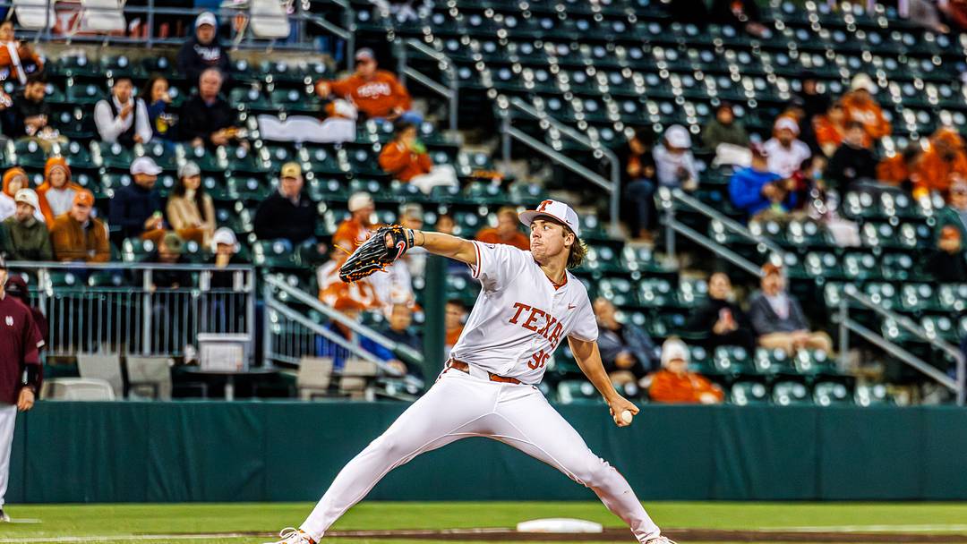 Texas sophomore pitcher Dylan Volantis throws a pitch against the Mississippi State Bulldogs on May 1, 2026, at UFCU Disch-Falk Field in Austin, Texas. Volantis tied his career high of 12 strikeouts in his third Friday start of the season. 