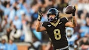 Nov 15, 2025; Winston-Salem, North Carolina, USA; Wake Forest Demon Deacons wide receiver Carlos Hernandez (8) reacts after a play against the North Carolina Tar Heels at Allegacy Federal Credit Union Stadium. Mandatory Credit: Wake Forest Athletics via Imagn Images