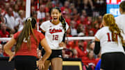 Taylor Landfair celebrates one of her first kills as a Husker. 