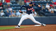 Ole Miss LHP Hunter Elliott throws a pitch against Wright State on Feb. 28, 2025 at Swayze Field in Oxford, Miss.
