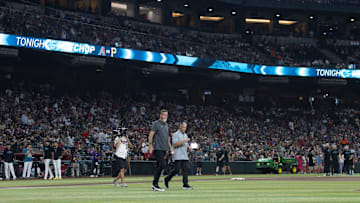 Randy Johnson and Luis Gonzalez are inducted in to the Arizona Diamondbacks Hall of Fame on July 27, 2024 at Chase Field in Phoenix.