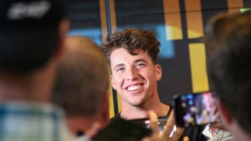 Iowa QB Cade McNamara speaks with reporters on July 16, 2024 at the team's practice facility in Iowa City, Iowa. (Photo: Rob Howe/HN) 