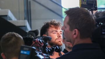 Iowa QB Brendan Sullivan speaks with reporters on July 16, 2024 at the team's practice facility in Iowa City, Iowa. (Photo: Rob Howe/HN) 