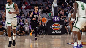 Brock Harding handles the ball in TCU's 65-55 win over North Texas on Sunday, December 7, 2025 in Dickies Arena.
