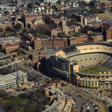 An aerial view of the University of Tennessee's Neyland Stadium from Cirrus' SR Series plane, Wednesday, Feb. 7, 2024.
