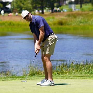 Josh Allen hits a putt at the American Century Championship in Lake Tahoe.