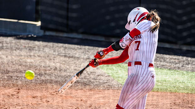 Ava Kuszak makes contact with a pitch from the leadoff spot in the Husker lineup. 