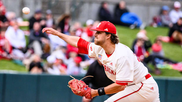 Brett sears pitches for Nebraska in the Huskers’ series opener against Iowa. 