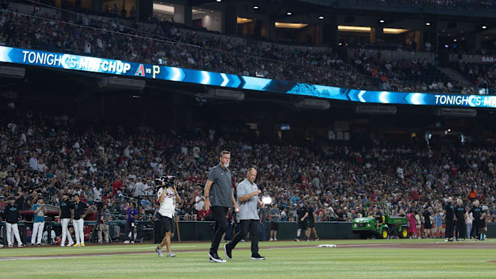 Randy Johnson and Luis Gonzalez are inducted in to the Arizona Diamondbacks Hall of Fame on July 27, 2024 at Chase Field in Phoenix.