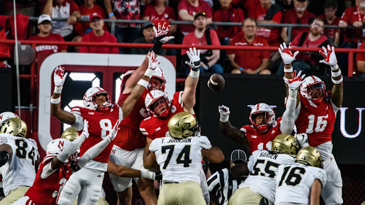 The Huskers block Colorado’s second quarter field goal attempt. 