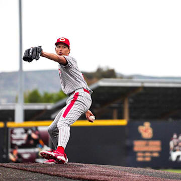 Corona High senior pitcher Seth Hernandez pitches against Santa Margarita at the Boris Classic on Wednesday, March 26, 2025.