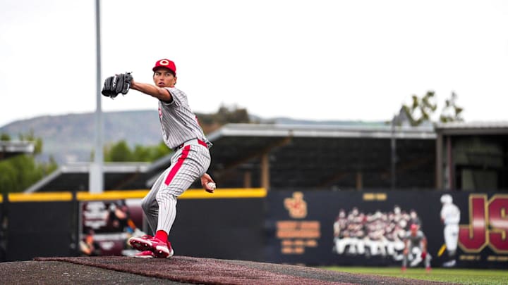 Corona High senior pitcher Seth Hernandez pitches against Santa Margarita at the Boris Classic on Wednesday, March 26, 2025. Corona High senior pitcher Seth Hernandez pitches against Santa Margarita at the Boris Classic on Wednesday, March 26, 2025.