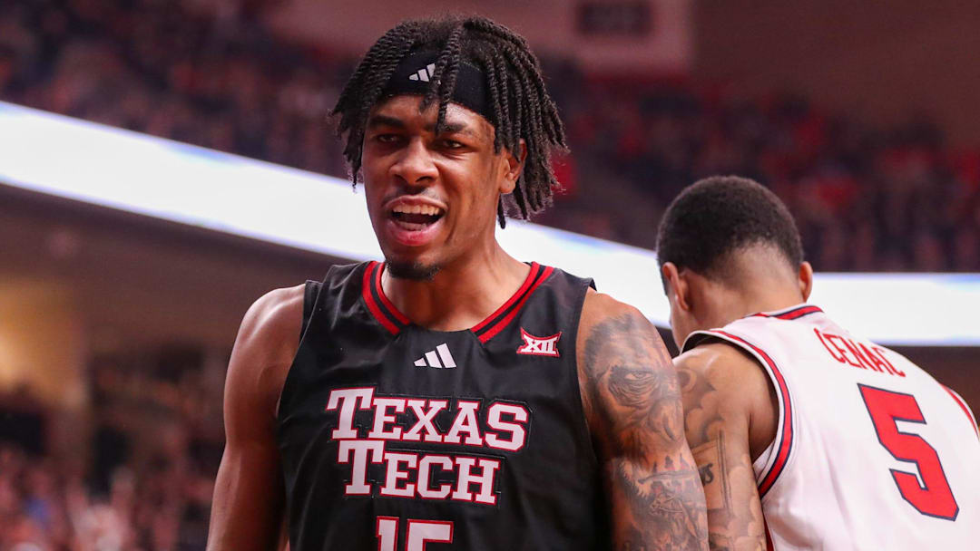 Texas Tech's JT Toppin reacts to drawing a foul on a basket against Houston during a Big 12 Conference men's basketball game, Saturday, Jan. 24, 2026, in United Supermarkets Arena.