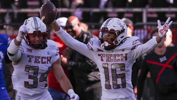Texas Tech's Ashton Hampton (16) celebrates his fumble recovery against BYU during a Big 12 Conference football game, Saturday, Nov. 8, 2025, at Jones AT&T Stadium.
