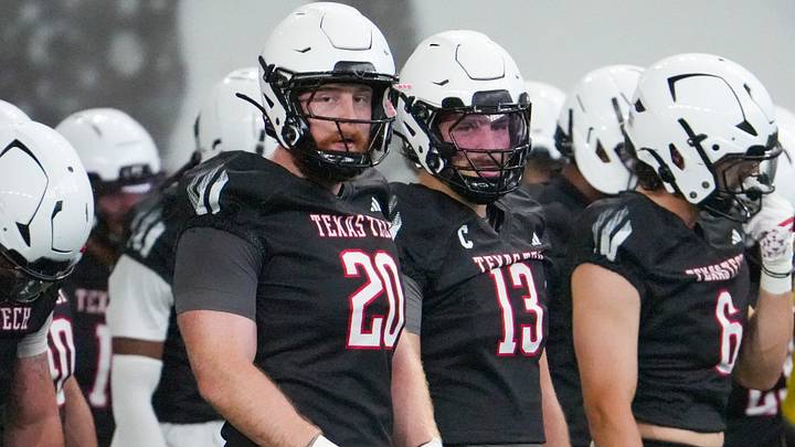 Texas Tech players Adam Trick (20) and Ben Roberts look on during football practice, Thursday, Aug. 6, 2026, at the Womble Football Center.