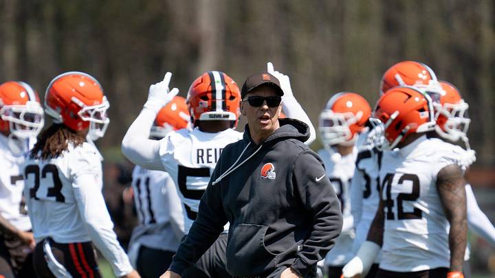 Coach Todd Monken walks through groups of players as they train at the Browns mini camp in Berea on April 21, 2026.