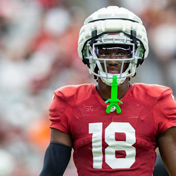 Arizona Cardinals wide receiver Marvin Harrison Jr. (18) at training camp on Aug. 3, 2024 at State Farm Stadium in Glendale.