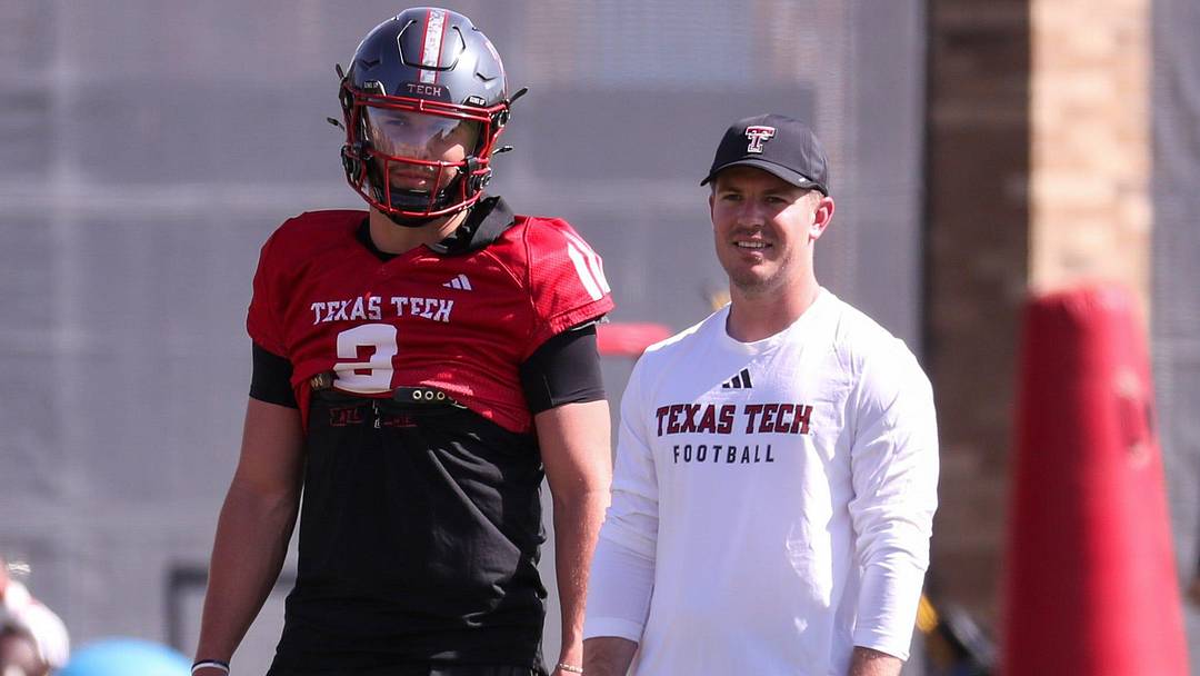 Texas Tech's Brendan Sorsby and offensive coordinator Mack Leftwich look on during spring football practice, Thursday, March 26, 2026, at the Womble Football Center. Texas Tech's Brendan Sorsby and offensive coordinator Mack Leftwich look on during spring football practice, Thursday, March 26, 2026, at the Womble Football Center.