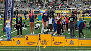 Jurupa Valley's AB Hernandez, a transgender student-athlete, stands atop the winner's podium at the CIF Southern Section finals after winning the triple jump.