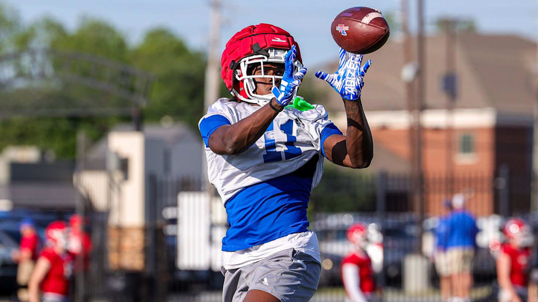 Receiver Decoldest Crawford catching the ball during the LA Tech “Red River Run Through” on Tuesday, April 23, 2024, in Bossier City, La.