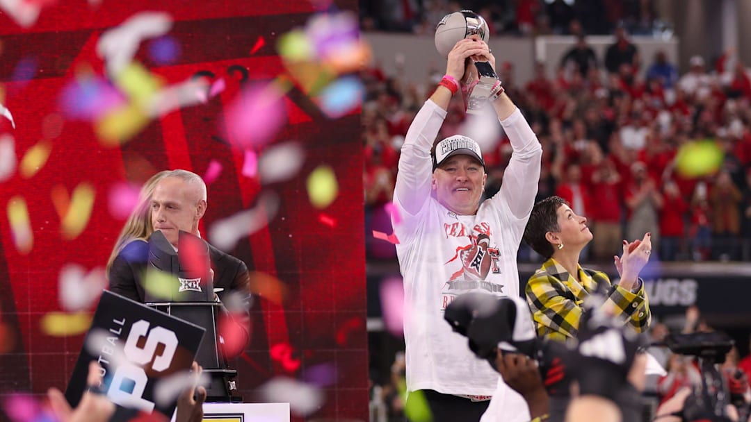Texas Tech head coach Joey McGuire lifts the trophy as confetti starts to fall after the Red Raiders beat BYU 34-7 in Big 12 Championship football game, Saturday, Nov. 6, 2025, at AT&T Stadium in Arlington. Texas Tech head coach Joey McGuire lifts the trophy as confetti starts to fall after the Red Raiders beat BYU 34-7 in Big 12 Championship football game, Saturday, Nov. 6, 2025, at AT&T Stadium in Arlington.