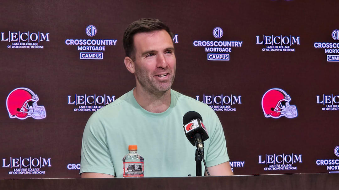 Joe Flacco meets with the media at the start of the Cleveland Browns offseason program