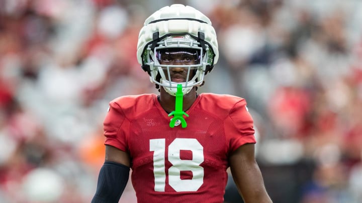 Arizona Cardinals wide receiver Marvin Harrison Jr. (18) at training camp on Aug. 3, 2024 at State Farm Stadium in Glendale.