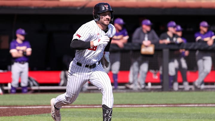 Texas Tech's Robin Villeneuve runs to first against UAlbany during a non-conference baseball game, Sunday, Feb. 22, 2026, at Rip Griffin Park.