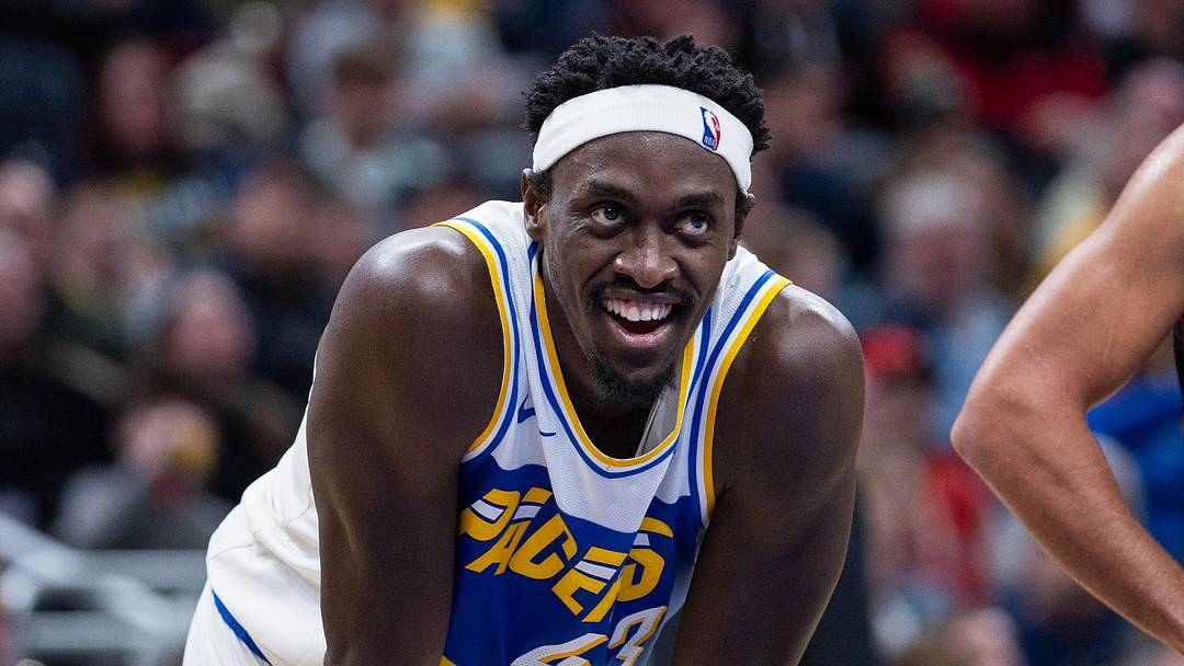 Nov 29, 2025; Indianapolis, Indiana, USA; Indiana Pacers forward Pascal Siakam (43) reacts against the Chicago Bulls during the second half at Gainbridge Fieldhouse. Mandatory Credit: Trevor Ruszkowski-Imagn Images