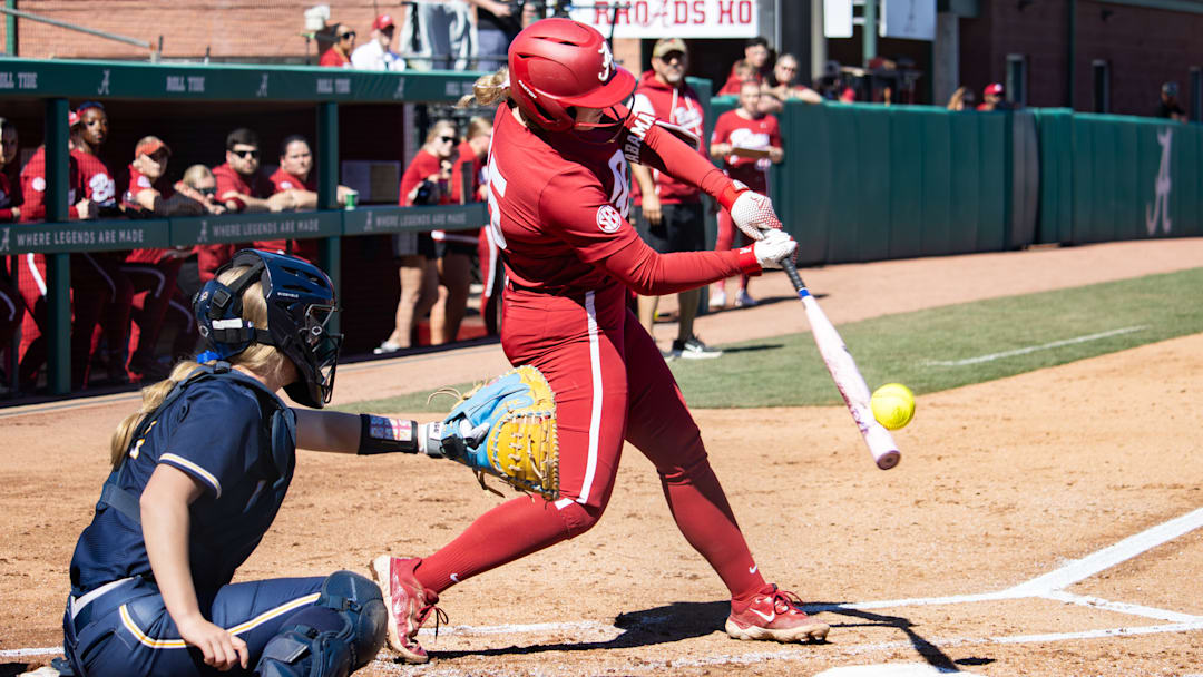 Alabama infielder Brooke Wells hits the ball in the Crimson Classic game against Kent State on Feb. 28, 2026.