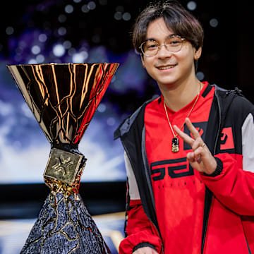 SEOUL, KOREA - AUGUST 20: Tyson "TenZ" Ngo of Sentinels on stage with the trophy at VALORANT Champions Seoul Media Day at the LoL Park on August 20, 2024 in Seoul, Korea.