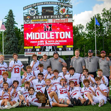 Wisconsin high school boys lacrosse: Middleton poses for a team photo after winning the inaugural WIAA state championship June 8, 2024.