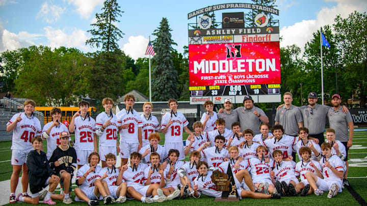 Wisconsin high school boys lacrosse: Middleton poses for a team photo after winning the inaugural WIAA state championship June 8, 2024.