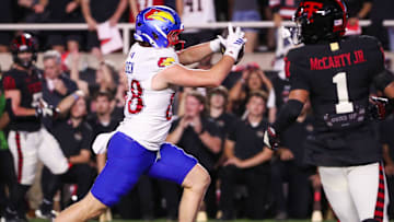Kansas' Boden Groen scores a touchdown against Texas Tech during a Big 12 Conference football game, Saturday, Oct. 11, 2024 at Jones AT&T Stadium in Lubbock.