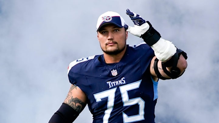 Tennessee Titans offensive tackle Dillon Radunz (75) heads to the field before a game against the Indianapolis Colts at Nissan Stadium in Nashville, Tenn., Sunday, Dec. 3, 2023.