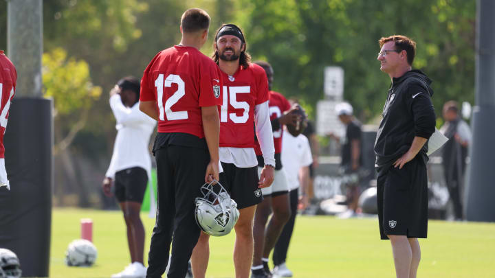 Las Vegas Raiders Quarterbacks Aidan O'Connell, Gardner Minshew and Coach Rich Scangarello