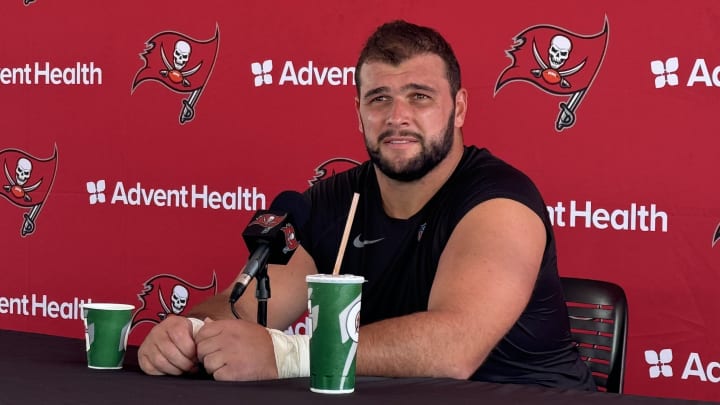 Ben Bredeson speaks after Tampa Bay Buccaneers Training Camp in 2024