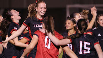 Texas Tech's Millie Elwood celebrates the Red Raiders' 2-1 win over LSU in the first round of the NCAA women's soccer tournament, Friday, Nov. 15, 2024, at John Walker Soccer Complex.