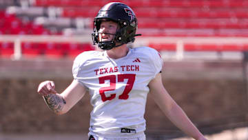 Texas Tech Upton Bellenfant watches his kick during spring football practice, Tuesday, April 15, 2025, at Jones AT&T Stadium.