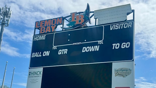 Lemon Bay High School's football stadium scoreboard was damaged from Hurricane Milton 