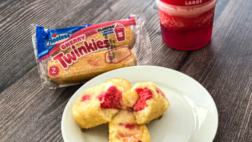 Limited-Edition Hostess Twinkies Cherry Slurpee flavor with a classic Cherry Slurpee