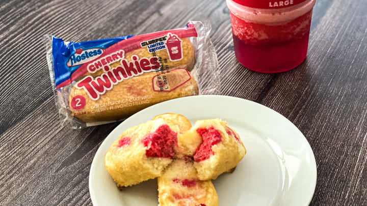 Limited-Edition Hostess Twinkies Cherry Slurpee flavor with a classic Cherry Slurpee