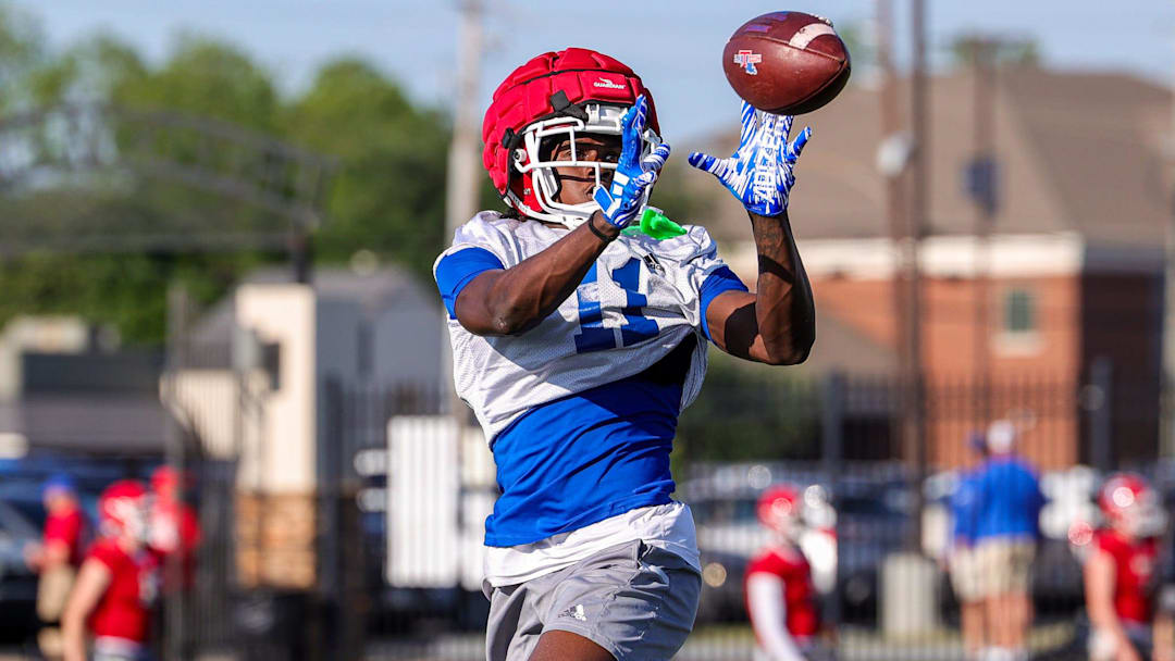 Receiver Decoldest Crawford catching the ball during the LA Tech “Red River Run Through” on Tuesday, April 23, 2024, in Bossier City, La.