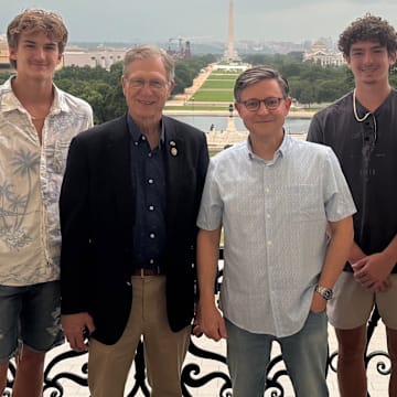 Pictured from the left: Philip Babin, Congressman Brian Babin, Speaker Mike Johnson, Luke Babin and model, actor and current Texas District Attorney Lucas Babin pose for a photo during a recent visit to the White House in Washington D.C.
