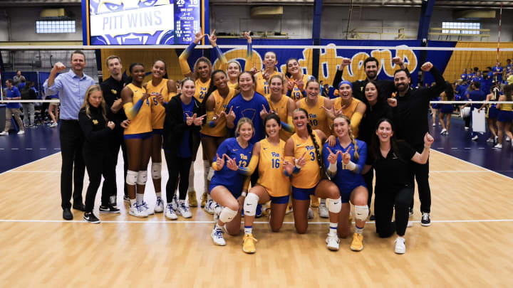 Pitt Volleyball Celebrates their sweep of Buffalo in the Home Opener 