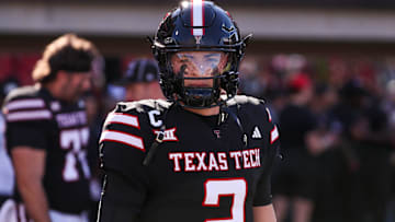 Texas Tech's Behren Morton looks on during warmups before a Big 12 Conference football game, Saturday, Nov. 15, 2025, at Jones AT&T Stadium.
