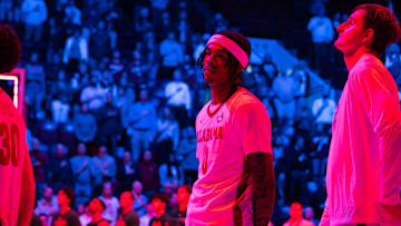Alabama guard Labaron Philon Jr during the national anthem against North Dakota on November 3, 2025.