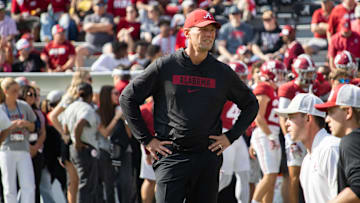 Alabama Head Coach Kalen DeBoer watches his team warm up for the game against Eastern Illinois on November 22, 2025.