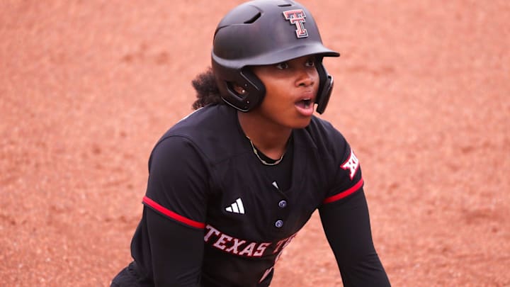 Texas Tech's Alana Johnson reacts to a call against Arizona State during a Big 12 Conference softball game, Saturday, April 27, 2025, at Rocky Johnson Field.